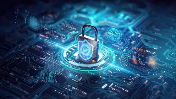 Illustration of a digital padlock secured on a circuit board, representing cybersecurity