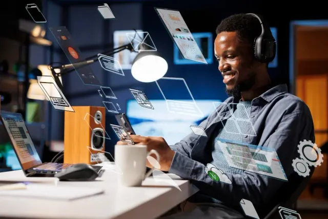Technician working on IT equipment in a professional setting