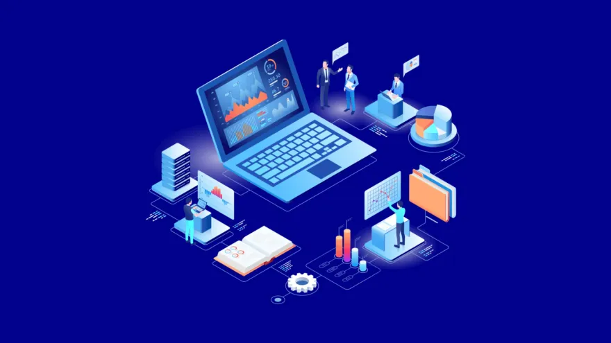 Isometric illustration of an analytics laptop dashboard surrounded by people working with charts, servers and data