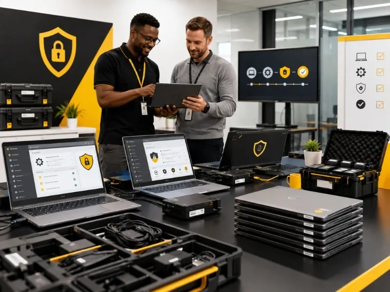 Two IT professionals reviewing security software on a laptop surrounded by rental laptop equipment and cases
