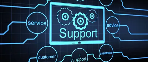 Schéma numérique d’un écran de tablette montrant des icônes d’engrenages et le mot « Support » relié à des nœuds de service, de conseil et de support informatique