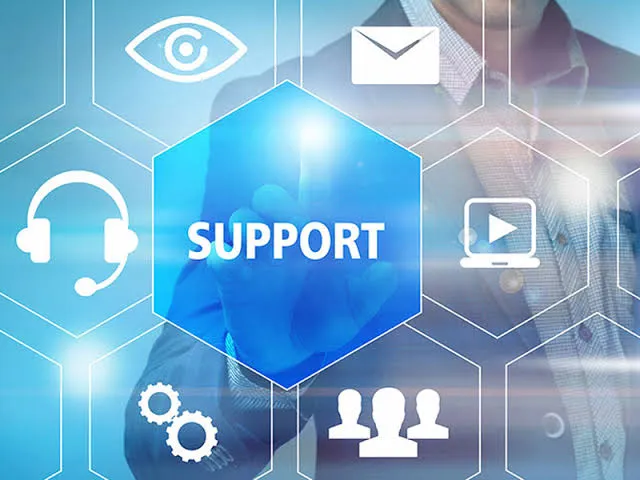 Businessman touching a 'Support' icon surrounded by headset, email and settings icons