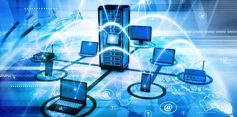 Illustration of a central server connected to laptops, a monitor, phone and router across a world map network
