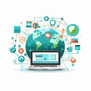 Illustration of a laptop connected to a globe with icons representing global business services
