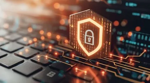 Glowing shield and padlock icon over a laptop keyboard representing cybersecurity protection