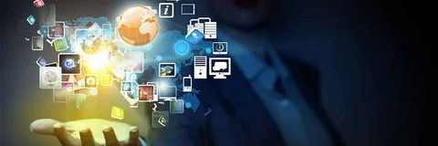 Businessman's hand projecting global technology and media icons