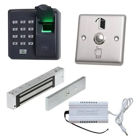 Kit de contrôle d’accès avec clavier lecteur d’empreinte, bouton de sortie, ventouse magnétique et alimentation